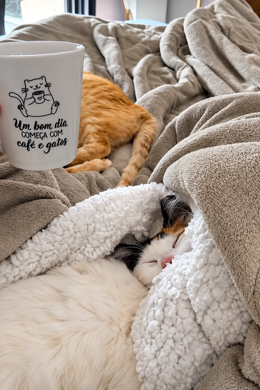 Momento além do trabalho Dois gatos descansando entre mantas