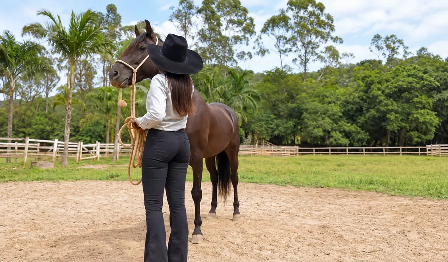Camila Oliveira ao ar livre Camila Oliveira próxima a um cavalo em uma área verde