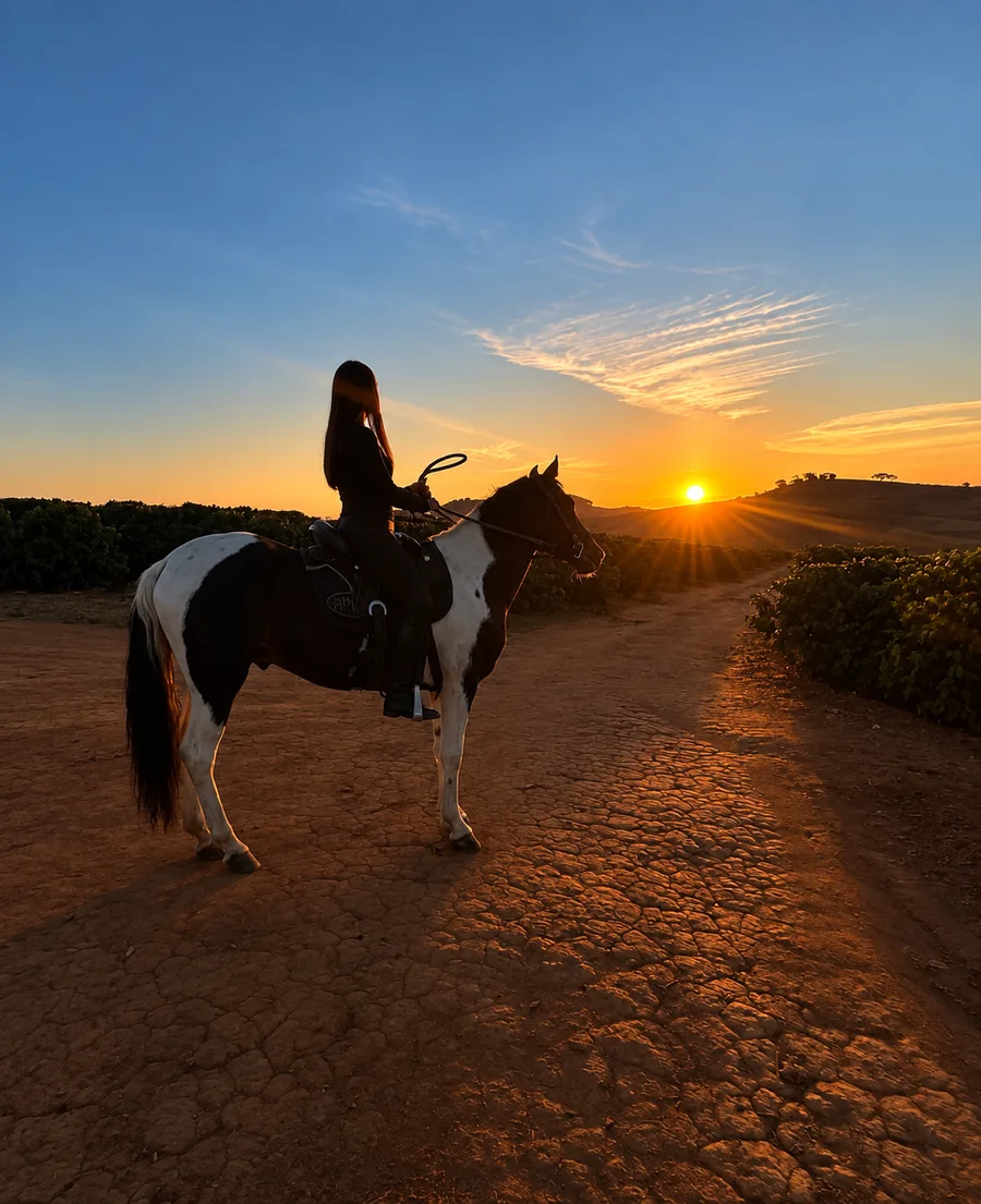 Camila Oliveira ao ar livre Camila Oliveira a cavalo durante o pôr do sol